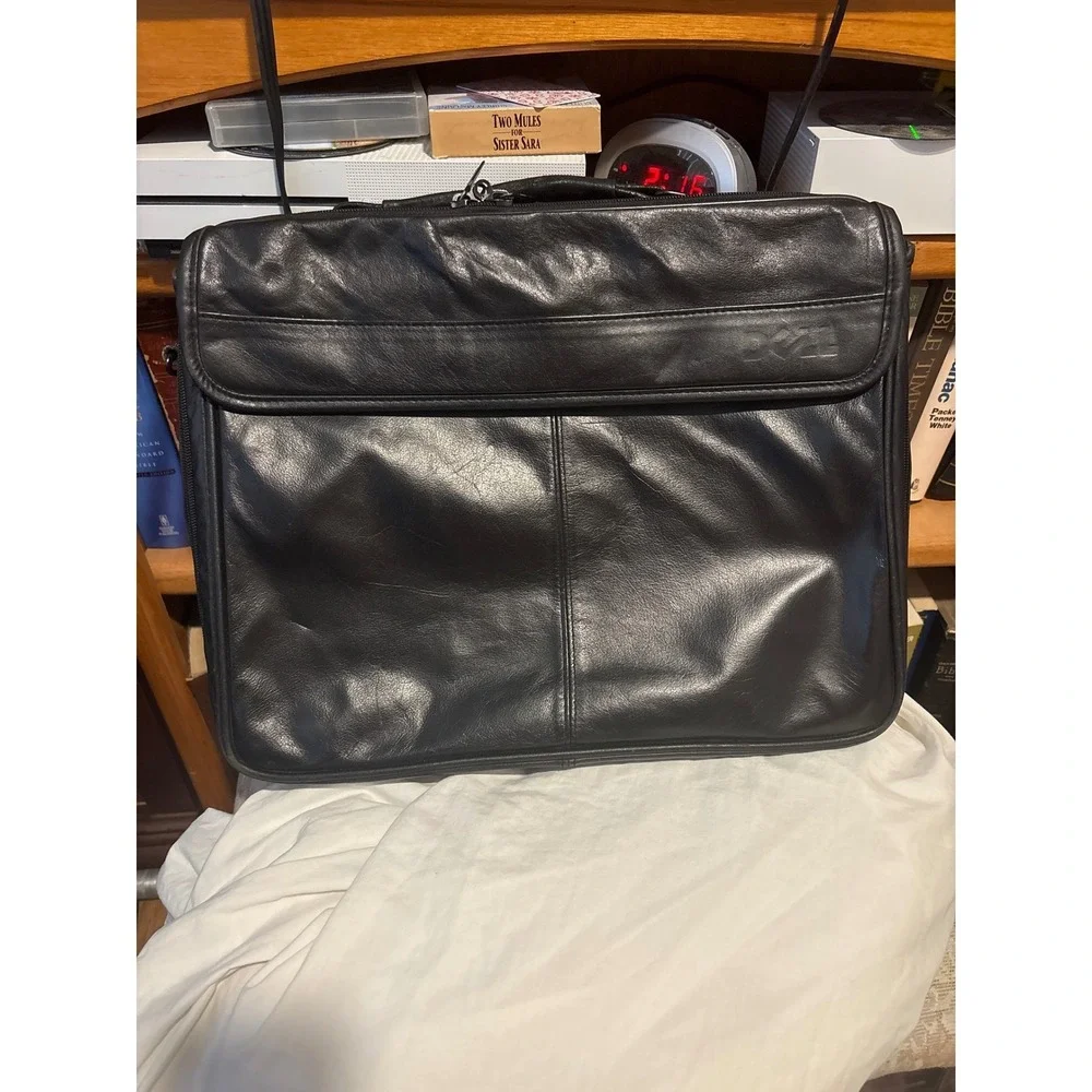 Dell Laptop Briefcase Bag Mens Large Black Excellent Leather Multi-Compartment